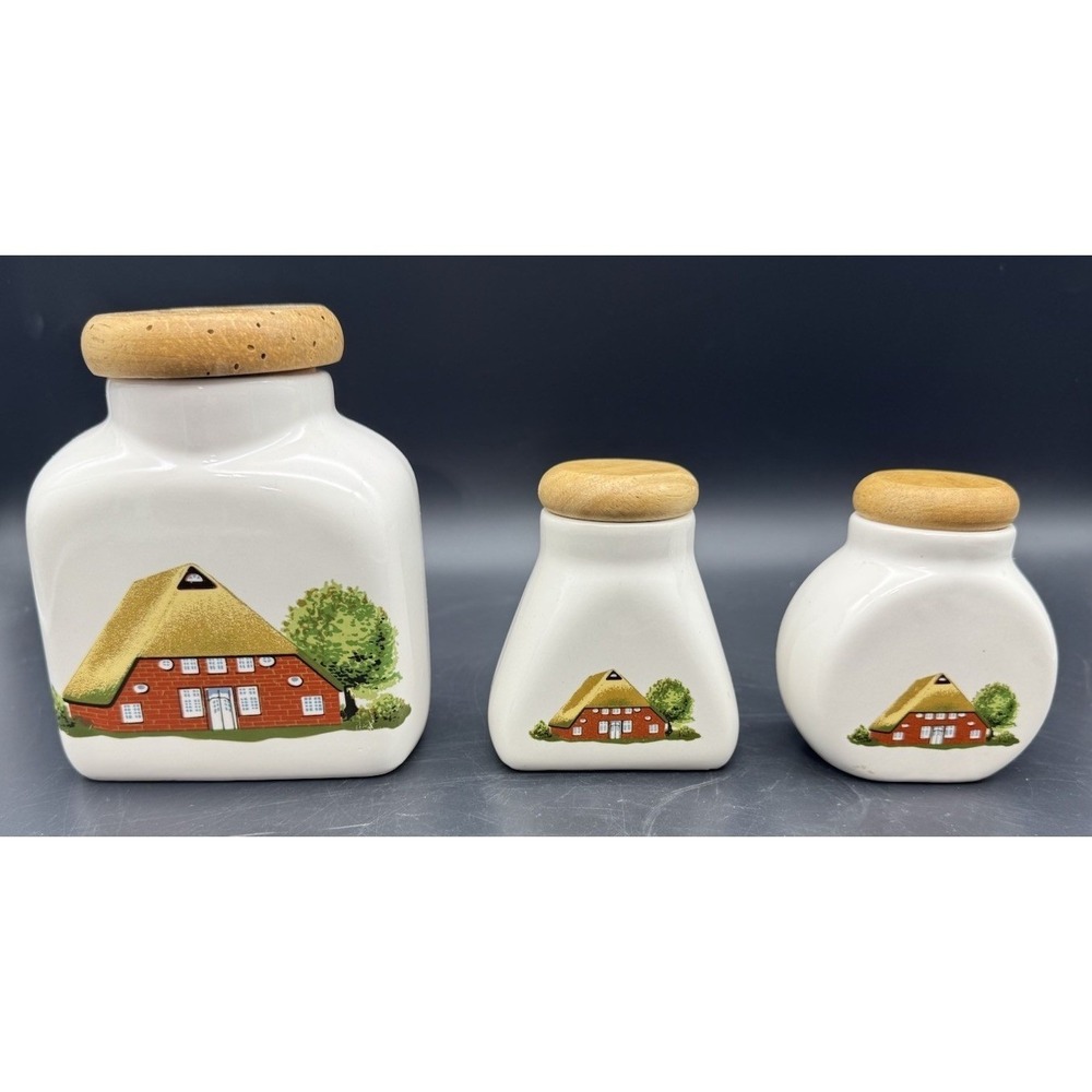 European Ceramic Canister Jars 3pc Wooden Lids Cottage Farmhouse Kitchen Decor